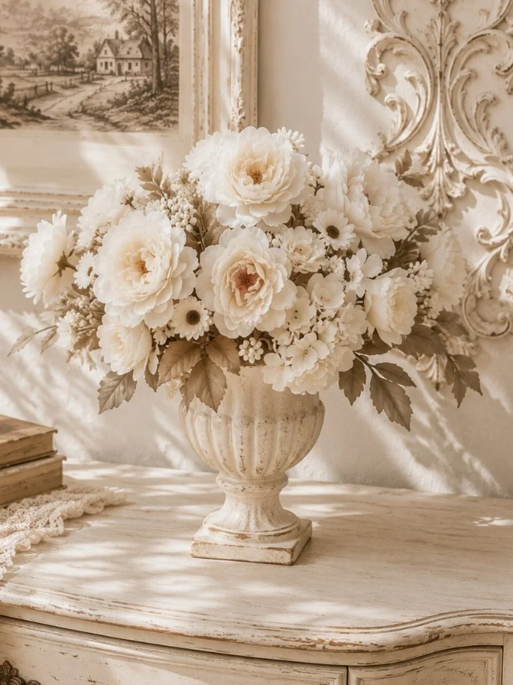 Set of 4 Delicate Cream Peonies Hydrangeas Mixed Flowers Bouquets